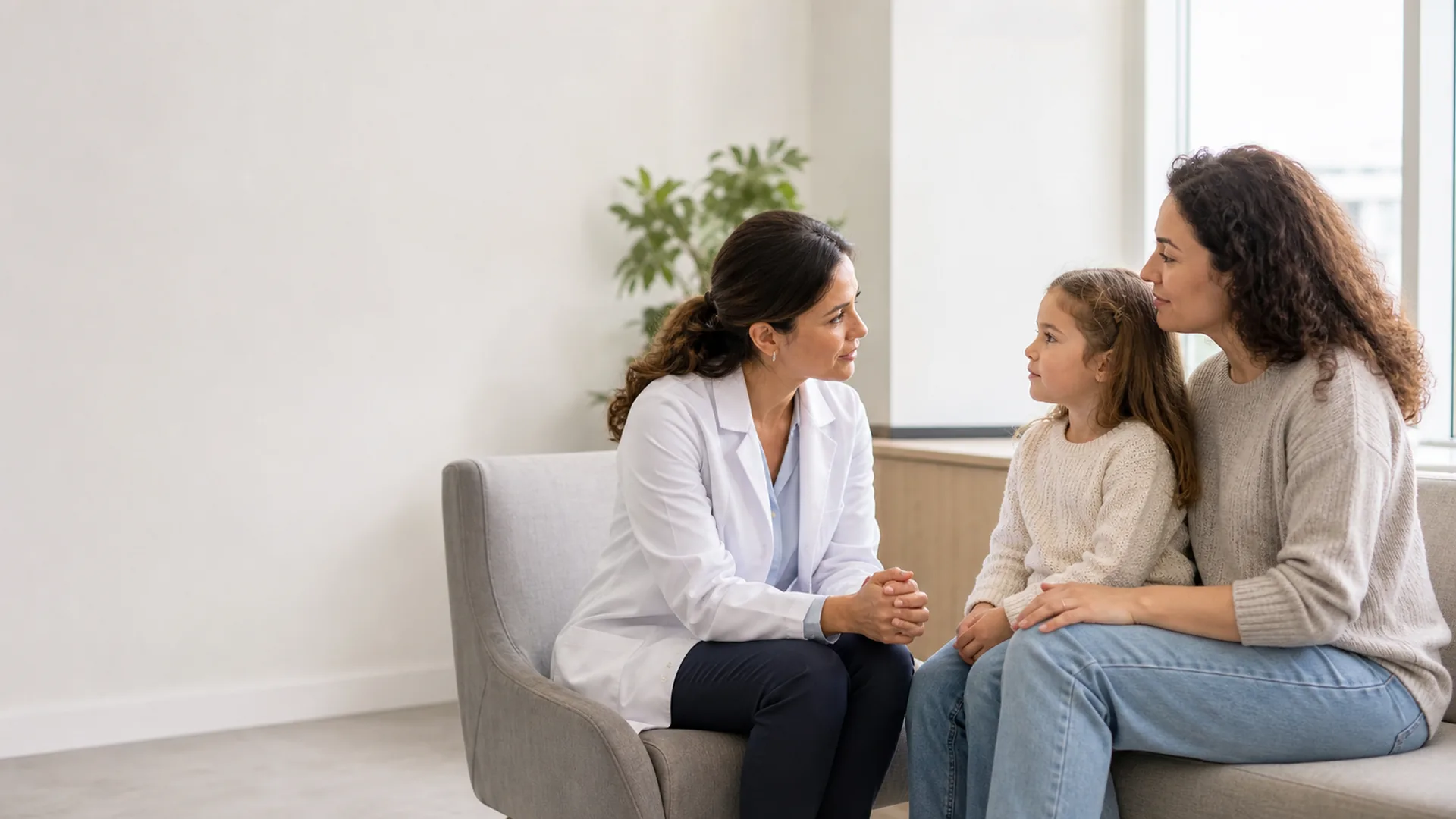 Doctor speaking with a mother and child in a modern healthcare setting